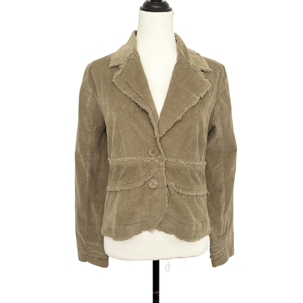 Y2k ASHLEY Corduroy Button Front Cropped Jacket Distressed Raw Hem Tan Women